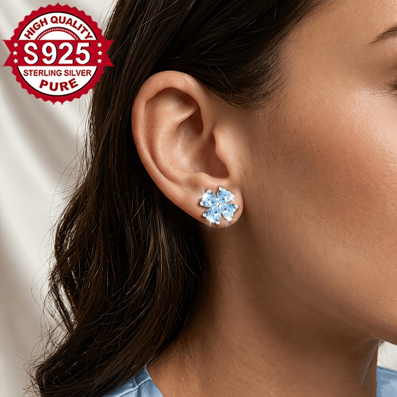 Women's S925 Silver Light Blue Heart-Shaped Zirconia Earrings